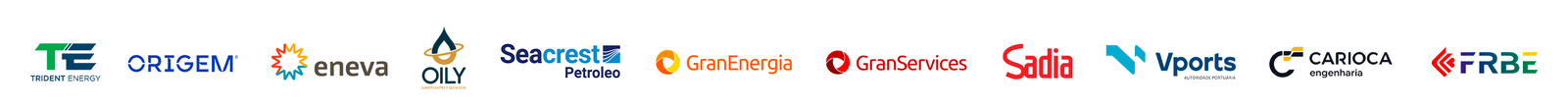 Logos de clientes: Trident Energy, Origem, Eneva, Oily, Seacrest Petroleo, GranEnergia, GranServices, Sadia, Vports, Carioca Engenharia, FRBE